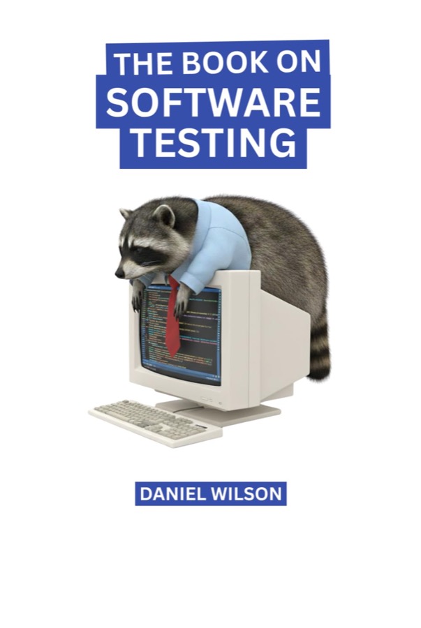Cover of The Book On Software Testing: a raccoon in a shirt and tie slumped over an old computer