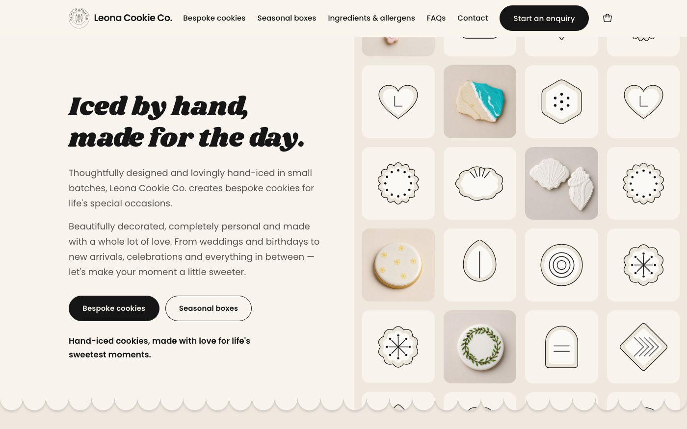 The Leona Cookie Co. home page: Iced by hand, made for the day, beside a grid of hand-iced cookies.