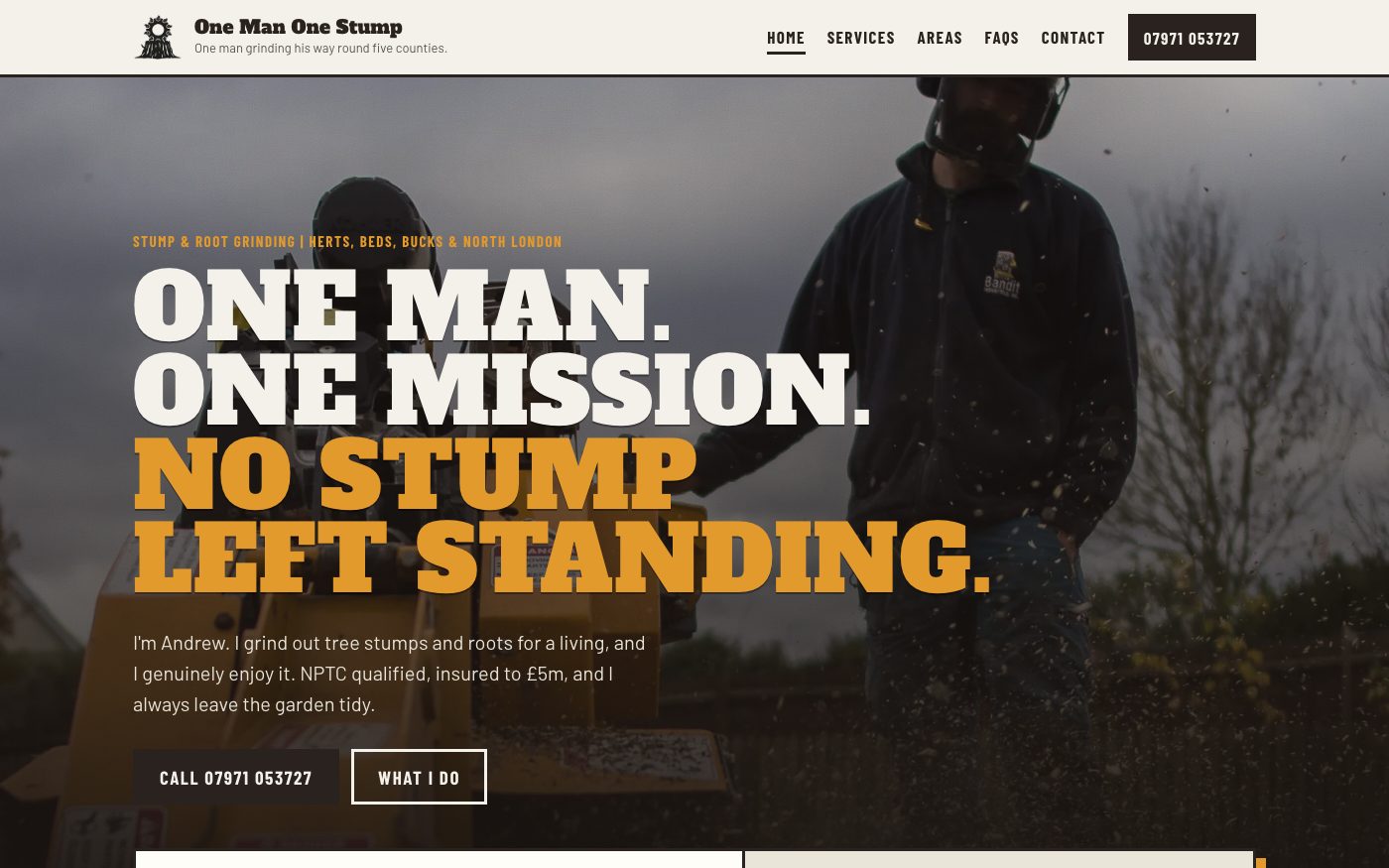 The One Man One Stump home page: a stump grinder at work behind the headline One man. One mission. No stump left standing.